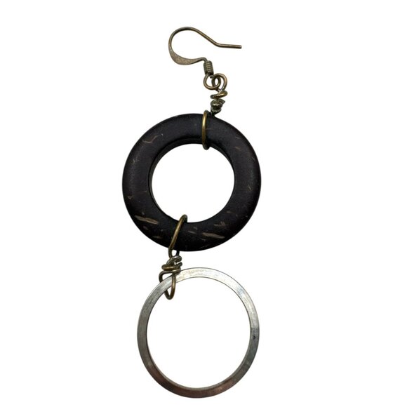 Modern Mixed‑Material Circle Dangle Earrings – Black & Silver Geometric Boho Sty - Picture 3 of 5